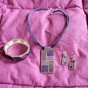 Purple & Silver Bold Geometric Design Earrings Necklace & Bracelet Set